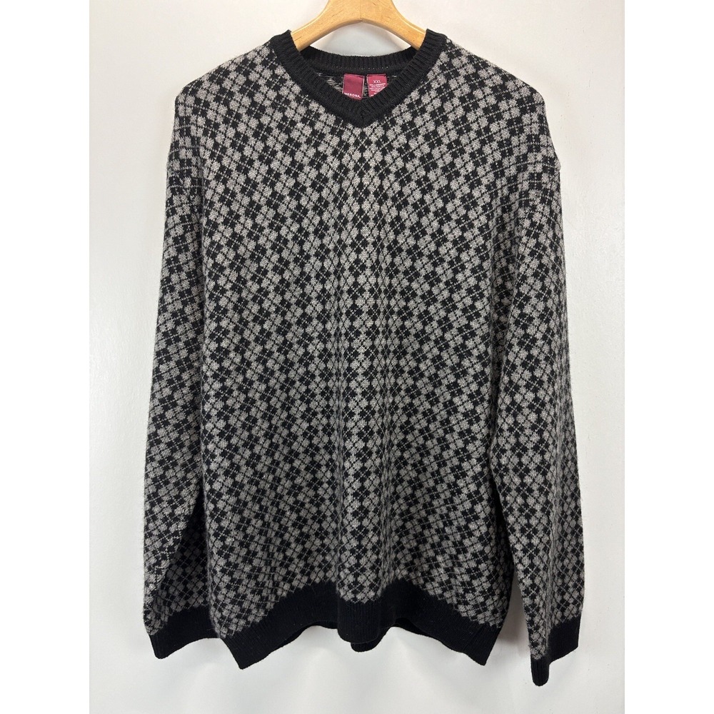 Vtg Merona Geometric Lambs Wool Sweater Sz XXL 2XL Mens Black Gray 90's Grandpa